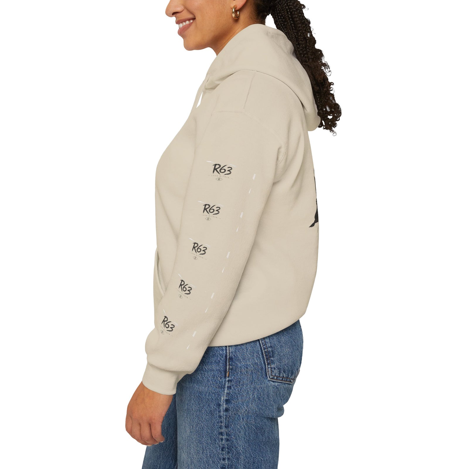R63 Graphic Hoodie — Reflective Souls Back Print, Sleeve Logo Streetwear