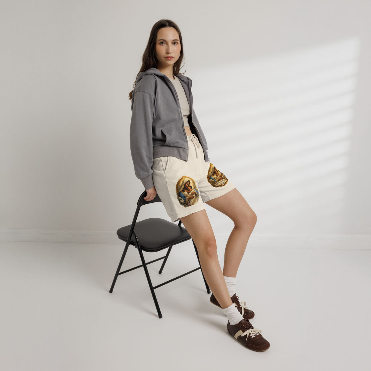 Religious Nativity Sweat Shorts — “Reflection” Holy Family Graphic Fleece Shorts