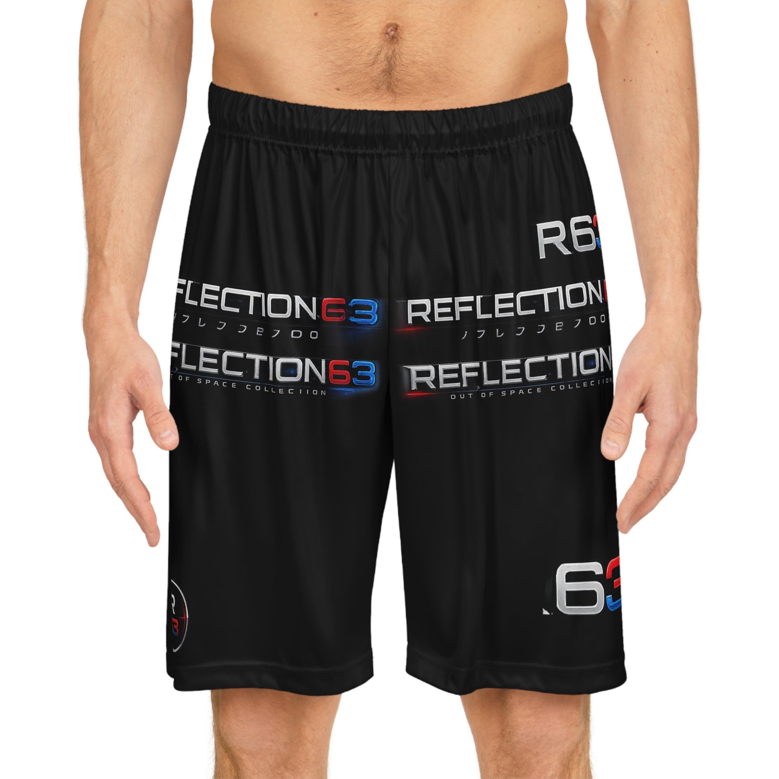 Reflection63 Black Basketball Shorts — Athletic AOP Sports Shorts with 63 Logo