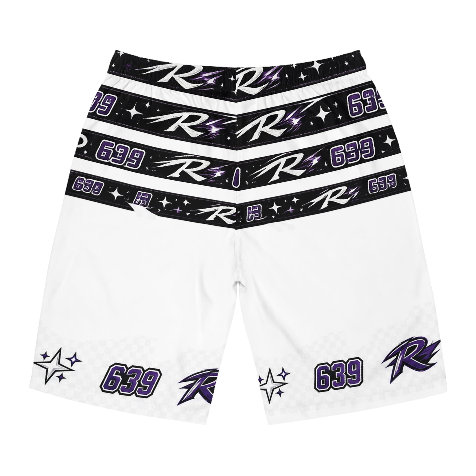 Board Shorts — White & Black Racing Logo All-Over Print (63, 639 accents)