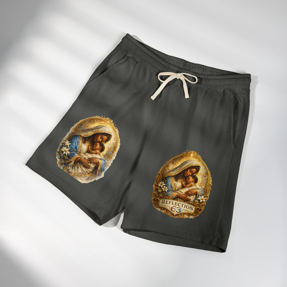 Religious Nativity Sweat Shorts — “Reflection” Holy Family Graphic Fleece Shorts