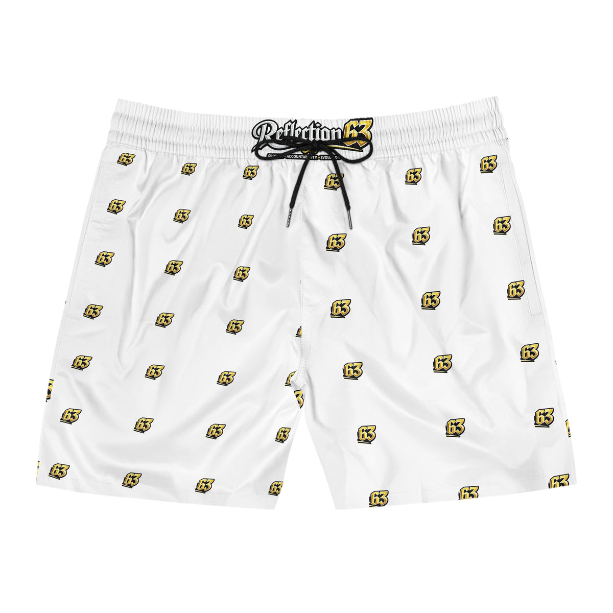 Men's White Swim Shorts with Yellow '63' Logo All-Over Print