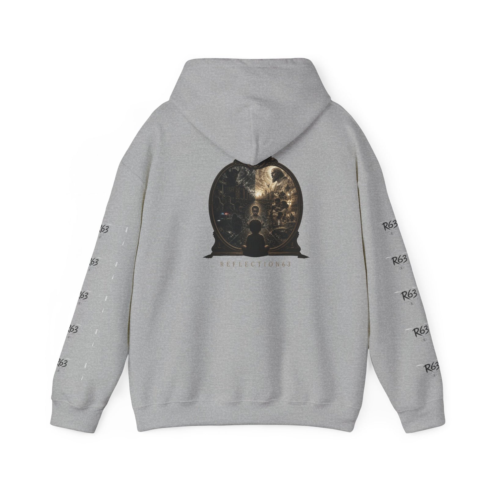 R63 Graphic Hoodie — Reflective Souls Back Print, Sleeve Logo Streetwear