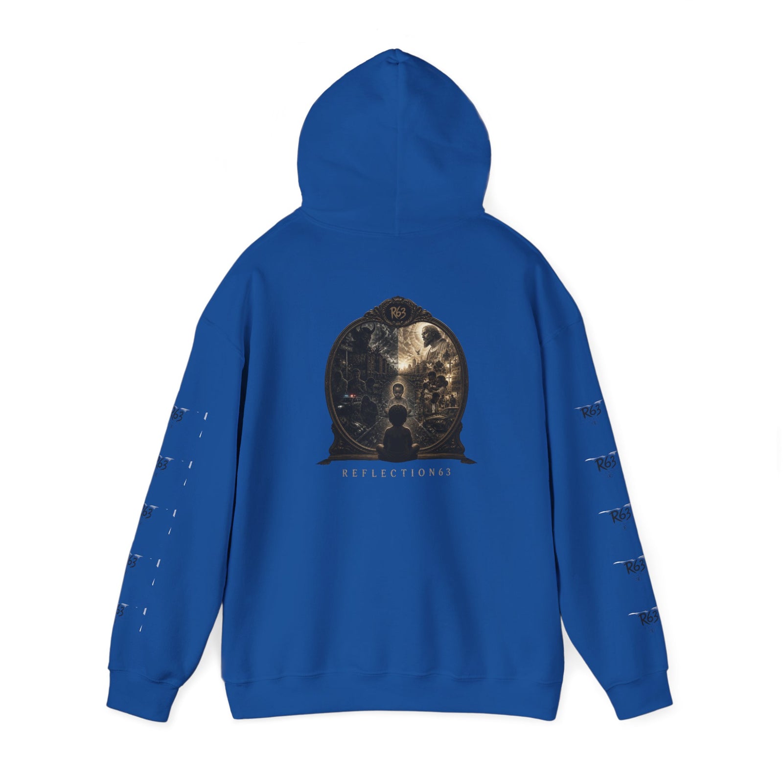 R63 Graphic Hoodie — Reflective Souls Back Print, Sleeve Logo Streetwear