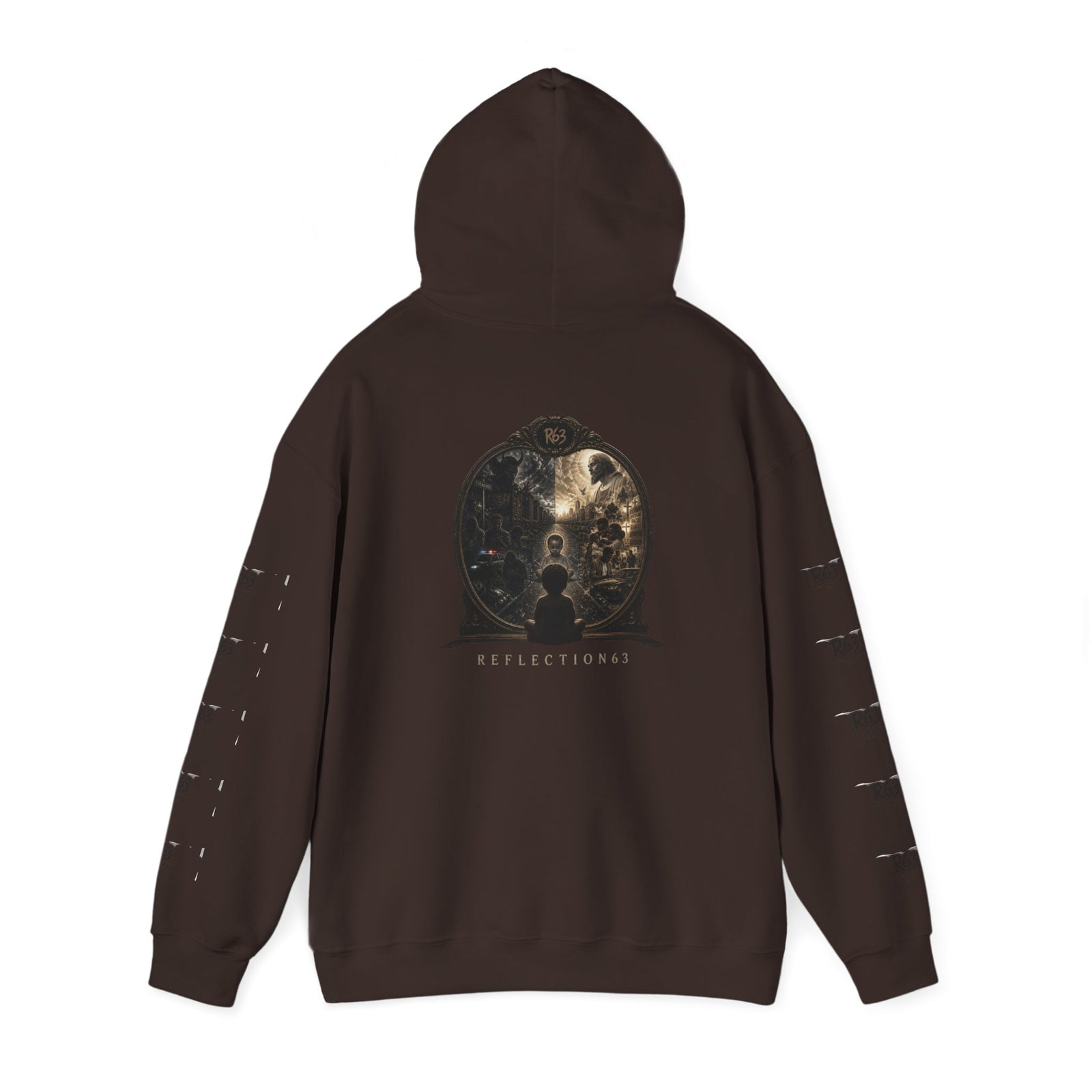 R63 Graphic Hoodie — Reflective Souls Back Print, Sleeve Logo Streetwear