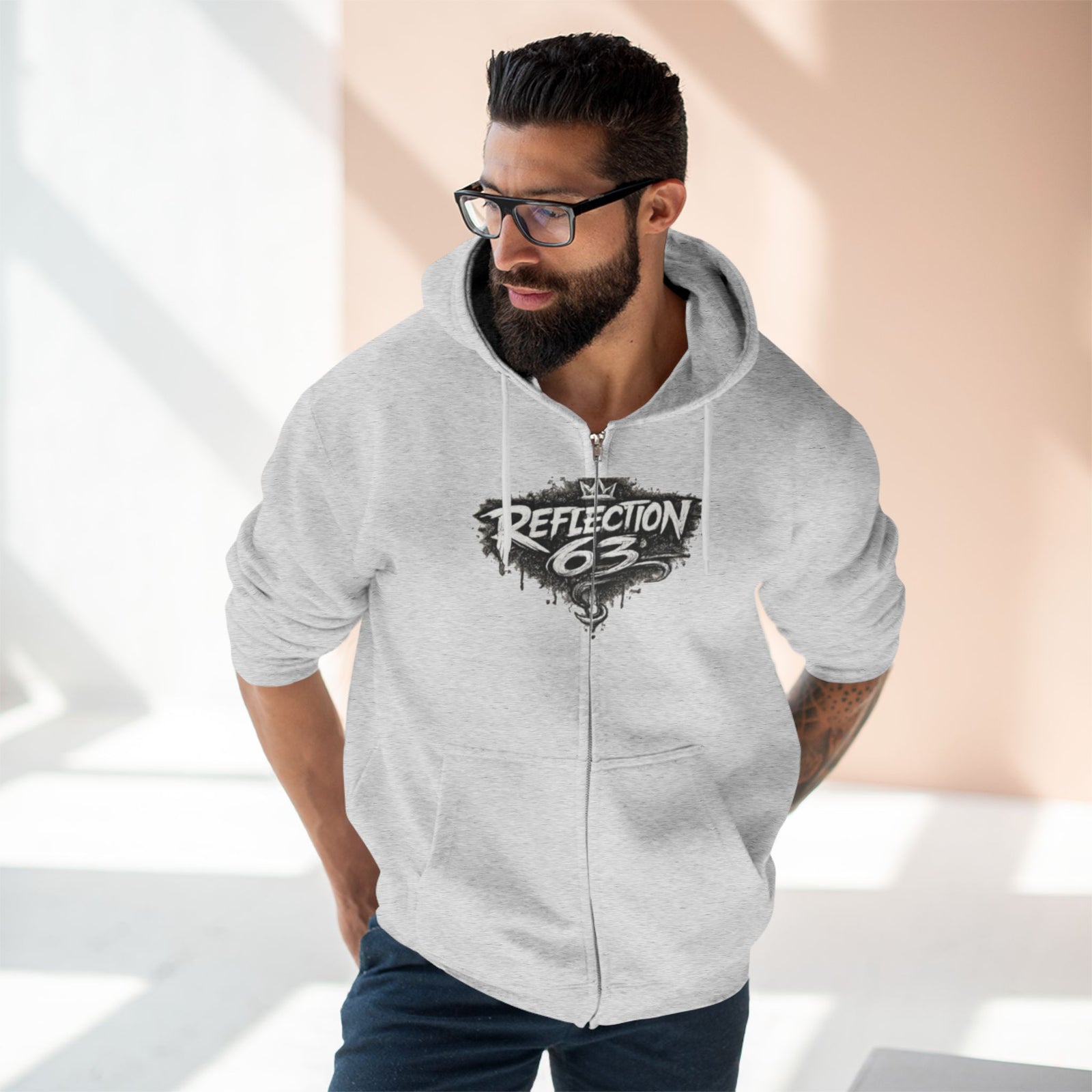 Reflection 63 Zip Hoodie — Vintage Crest Graphic Zip-Up Hoodie