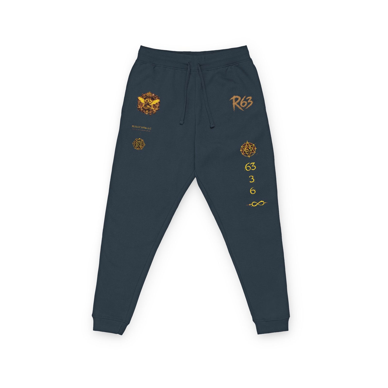 Embroidered Flame Crest Joggers — Gold Graphic Fleece Sweatpants