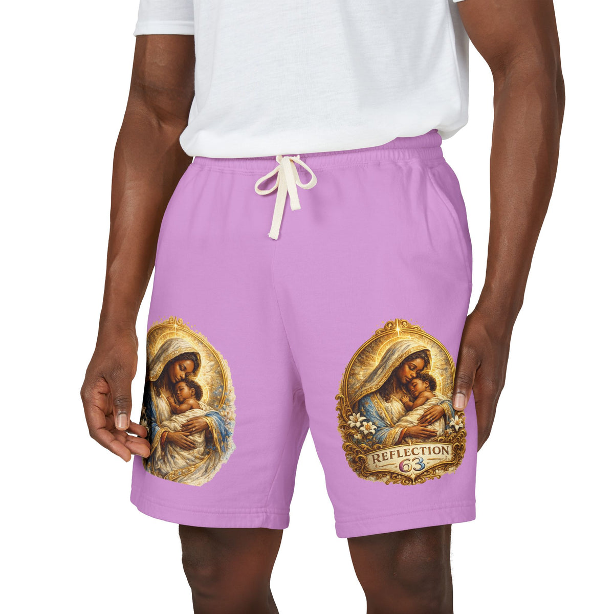 Religious Nativity Sweat Shorts — “Reflection” Holy Family Graphic Fleece Shorts