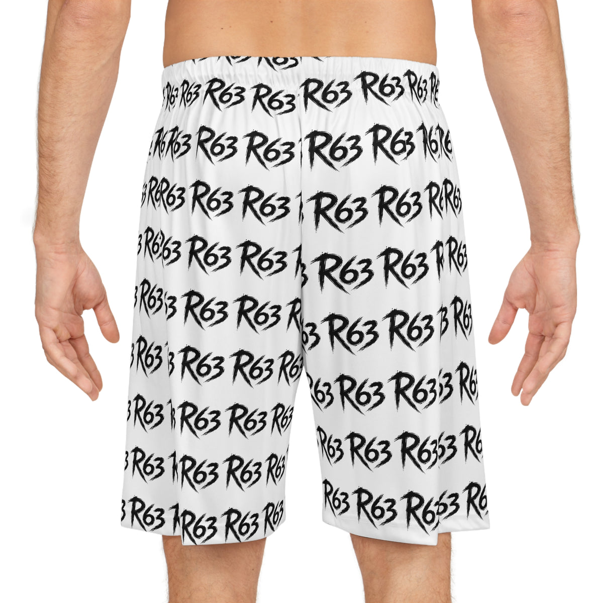R63 All-Over Print Basketball Shorts — Bold Script Logo Athletic Shorts