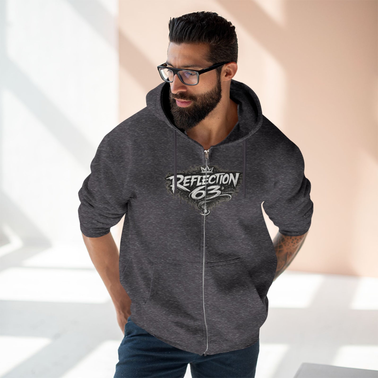 Reflection 63 Zip Hoodie — Vintage Crest Graphic Zip-Up Hoodie