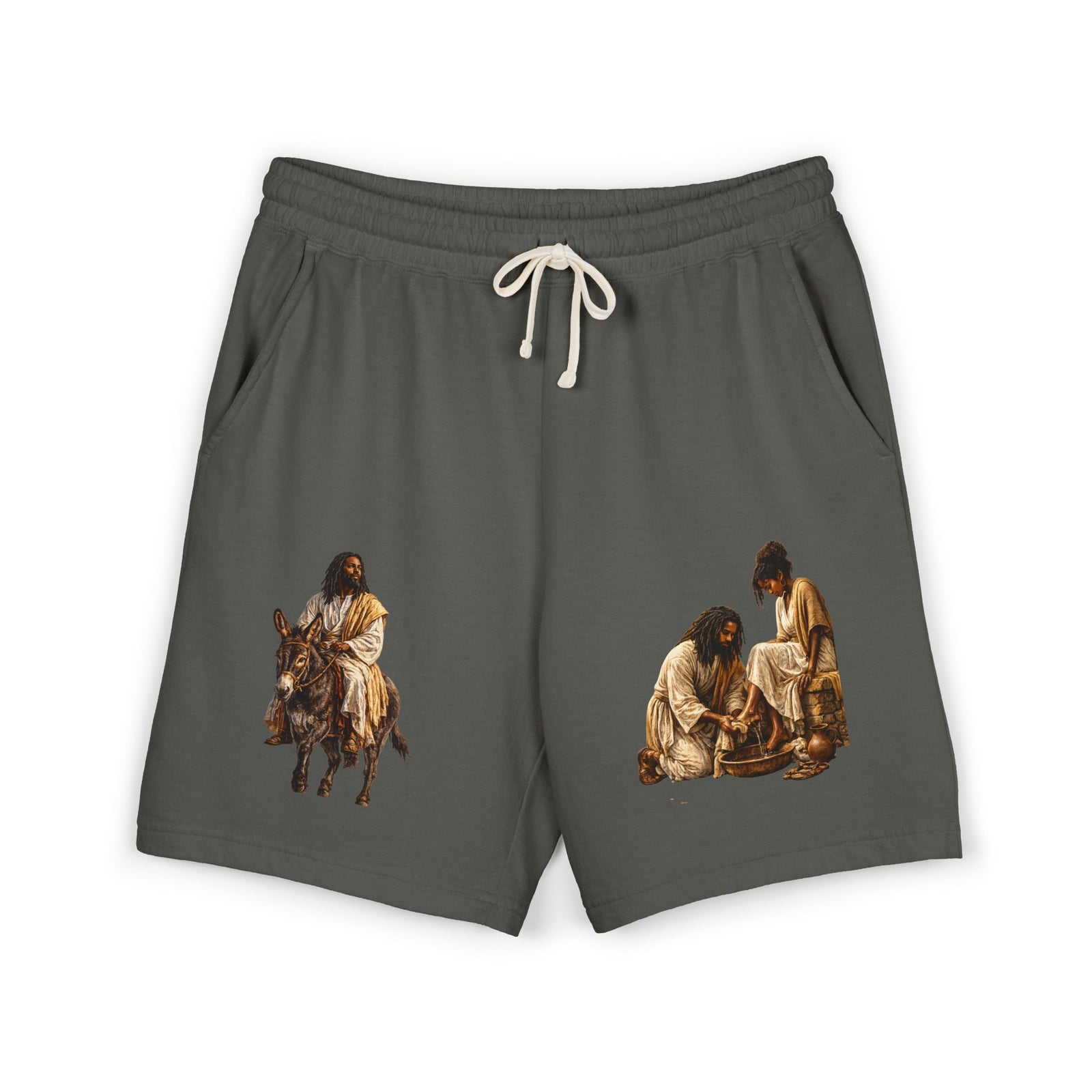 Biblical Nativity Art Sweat Shorts — Jesus on Donkey & Resting Shepherds Fleece Shorts