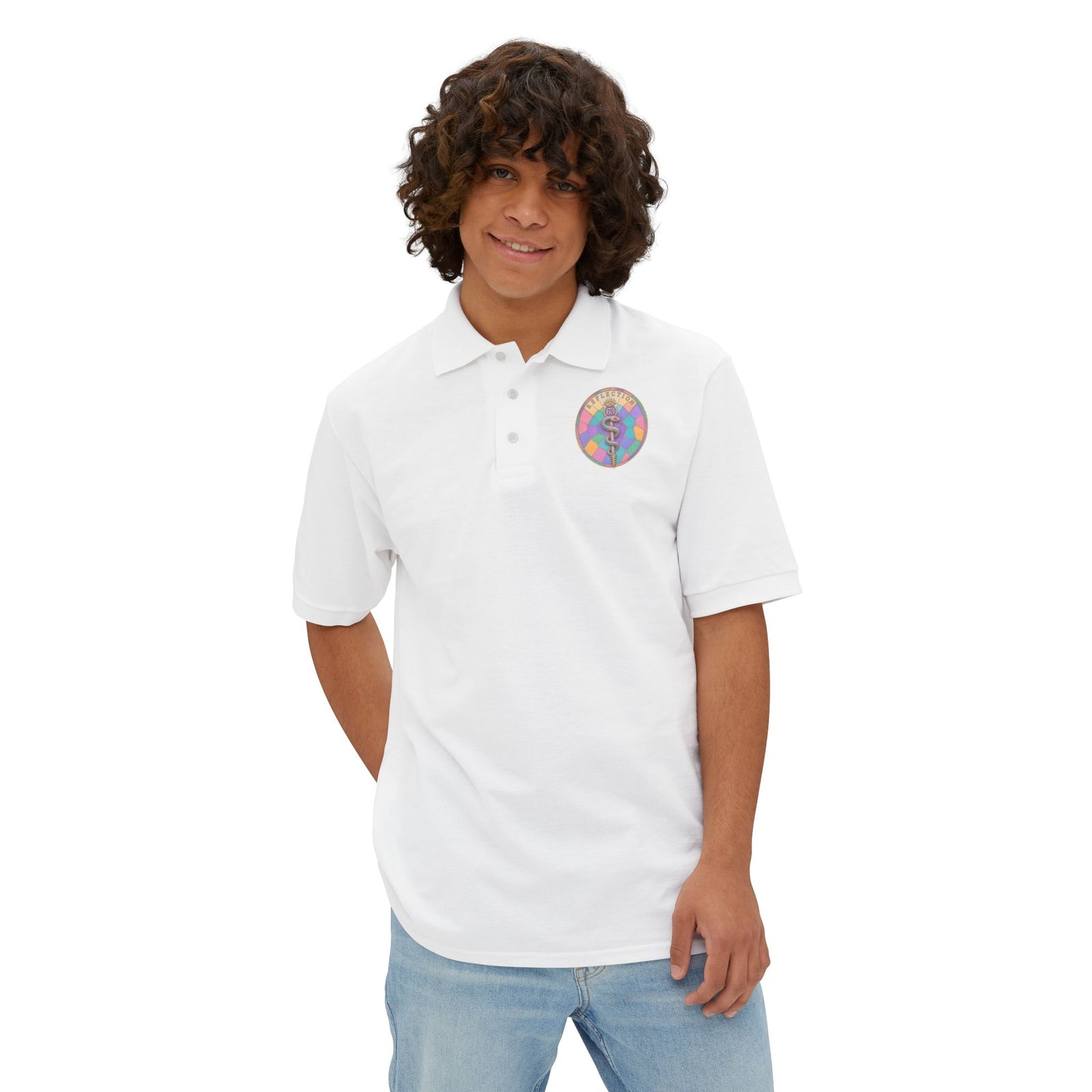 Men's Polo — Retro Sacred Mother & Child Emblem