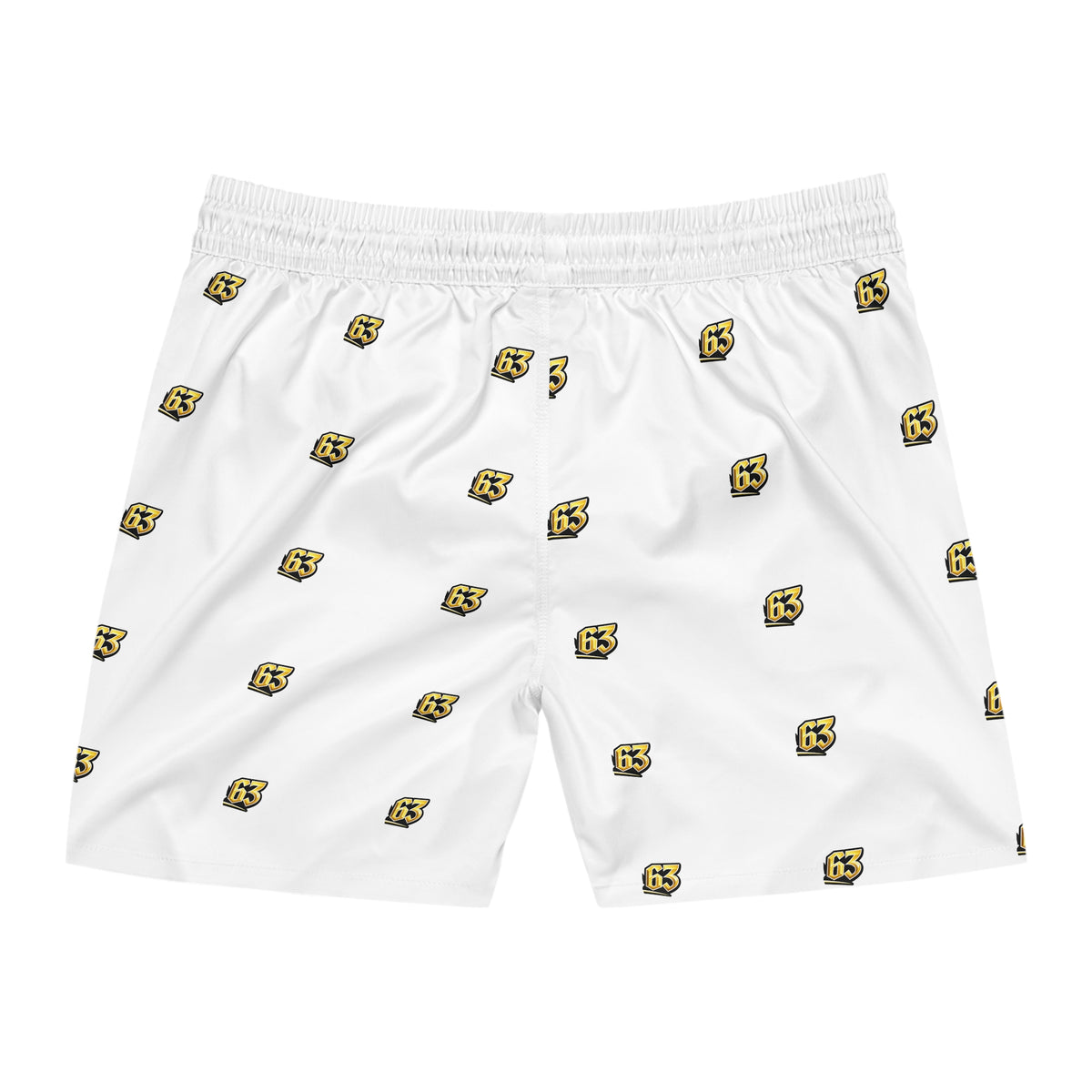 Men's White Swim Shorts with Yellow '63' Logo All-Over Print