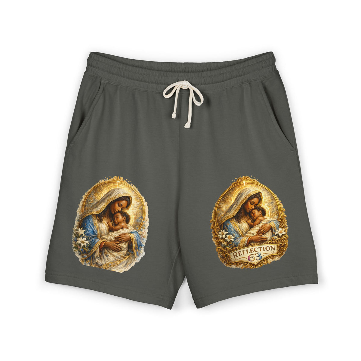 Religious Nativity Sweat Shorts — “Reflection” Holy Family Graphic Fleece Shorts