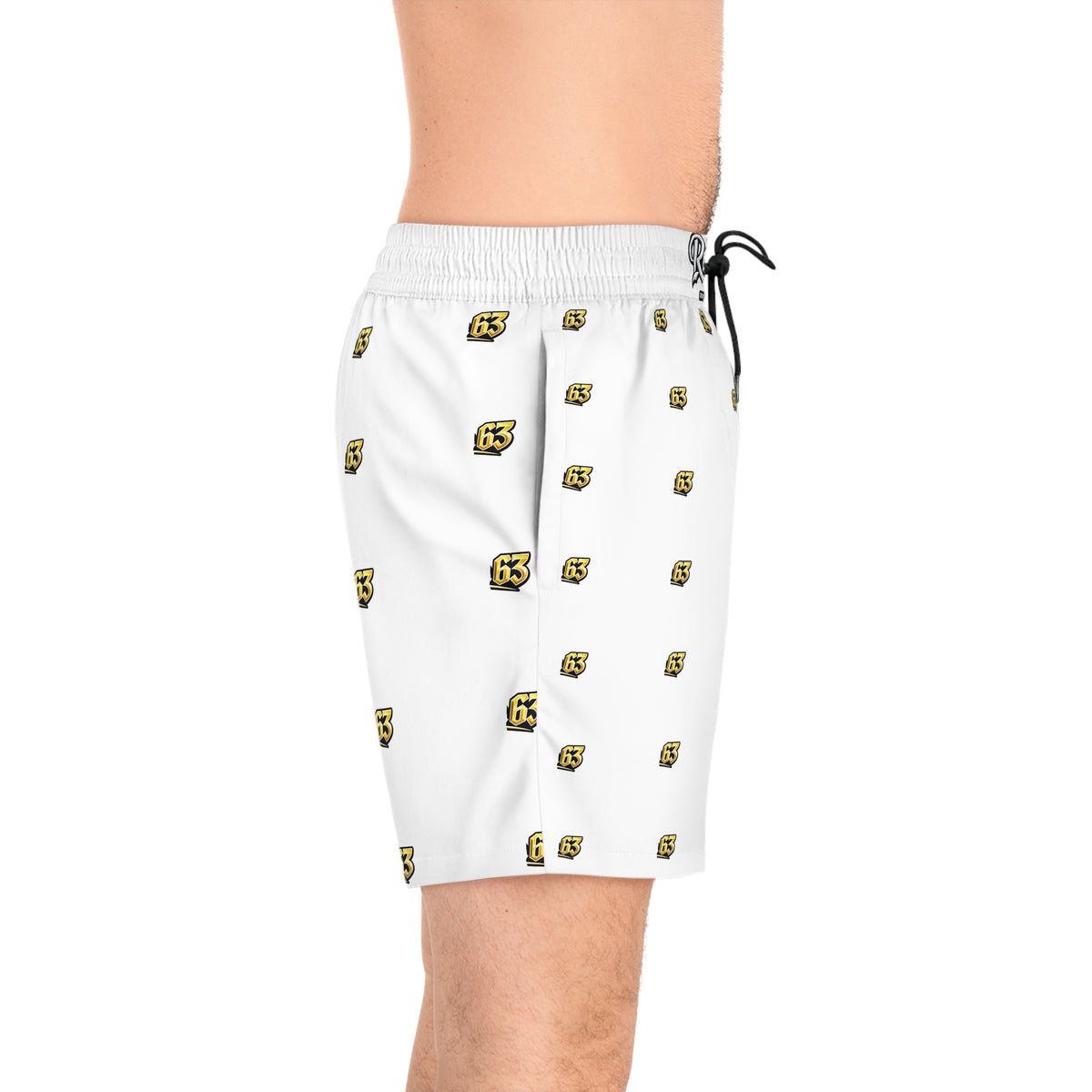 Men's White Swim Shorts with Yellow '63' Logo All-Over Print