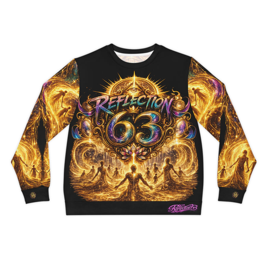 Reflection 63 All-Over Print Sweatshirt — Golden Sacred Geometry & Spiritual Gathering