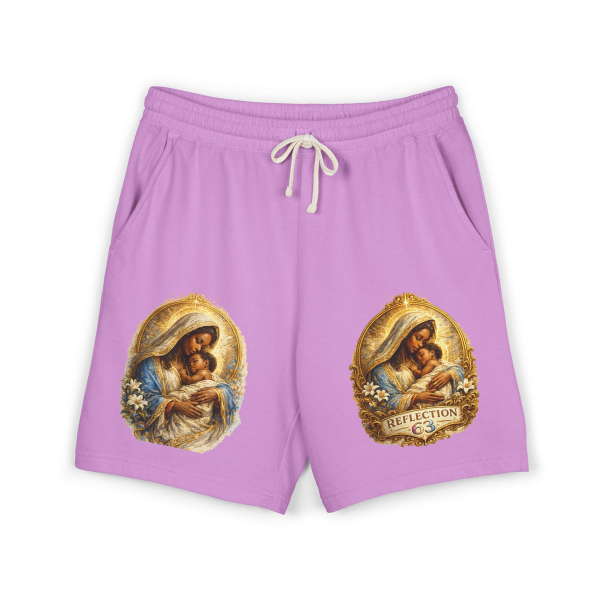 Religious Nativity Sweat Shorts — “Reflection” Holy Family Graphic Fleece Shorts